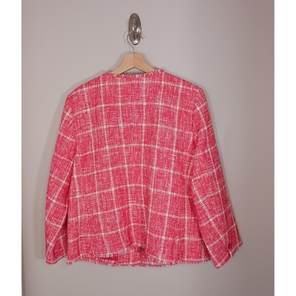 Talbots Fringe Cotton Blend Plaid Pink Career Business Blazer Size 16 New - Picture 2 of 6